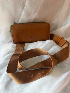 Tan Leather Belt Bag with Branded Webbing Strap